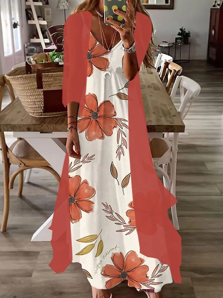 V-neck Casual Loose Floral Print Suit Maxi Dress
