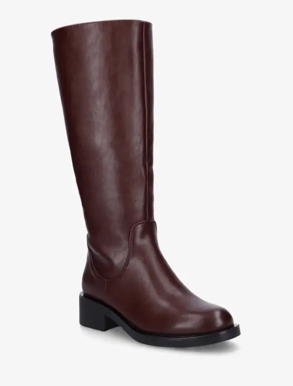 Refined Block Heel Faux Leather Flat Sole Knee High Boots