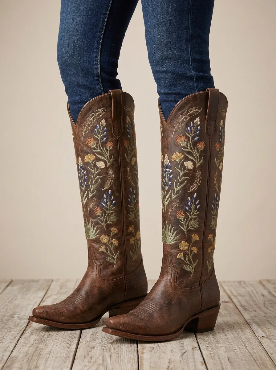 Women's Western Floral Feather Embroidered Embossed Pointed-Toe Block-Heel Denim Over-the-Knee Boots