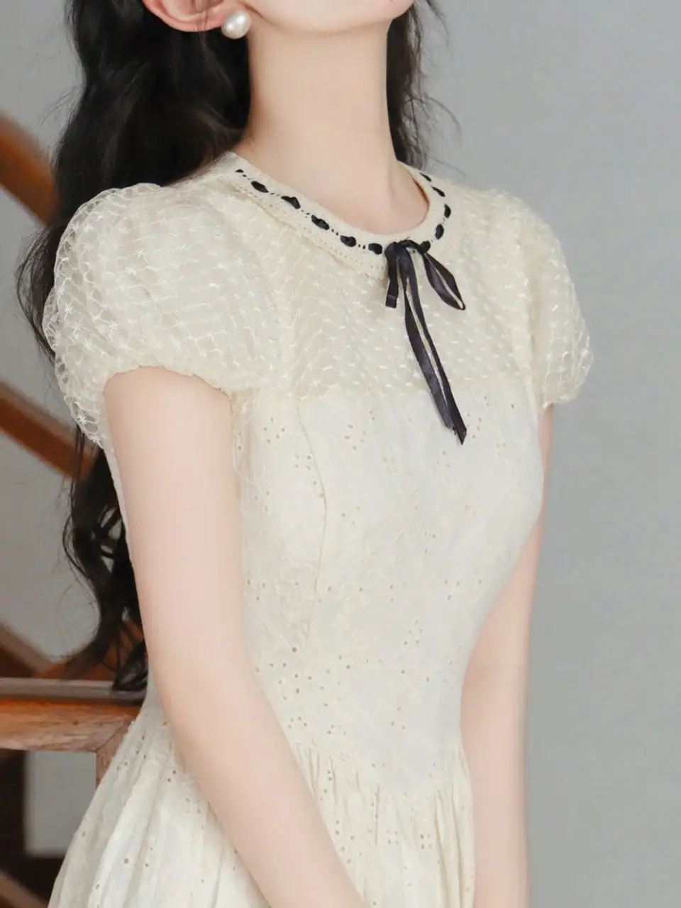 Embroidered Bow Puff Long Dress