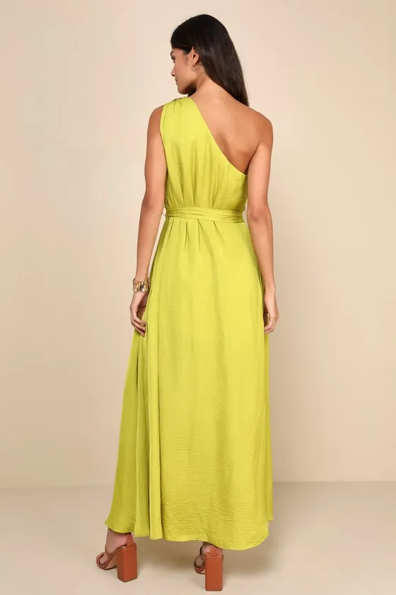 Goddess Aura Light Green Floral Satin One-Shoulder Maxi Dress