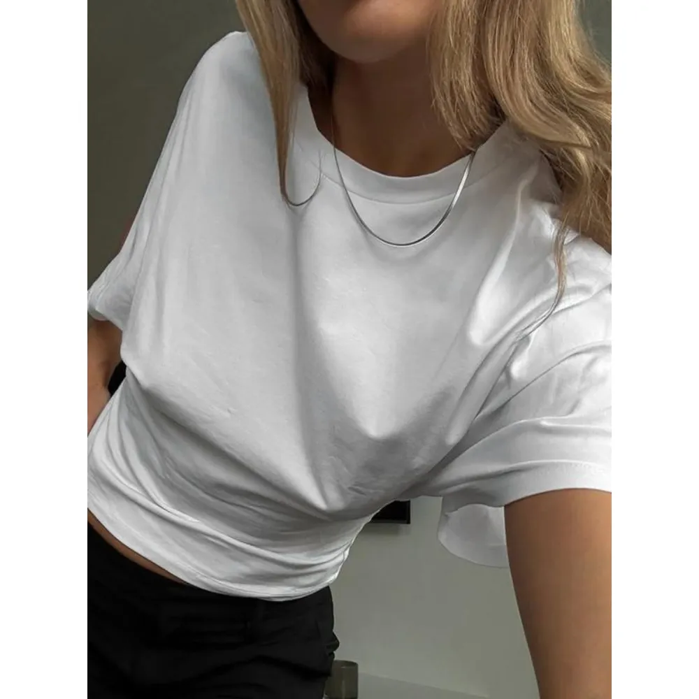 Women's Solid Color Crop Tee, Casual Half Sleeve Round Neck T-shirt