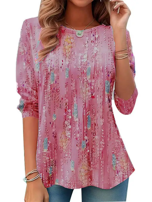 A-Line Long Sleeve Print Round Neck T-Shirt