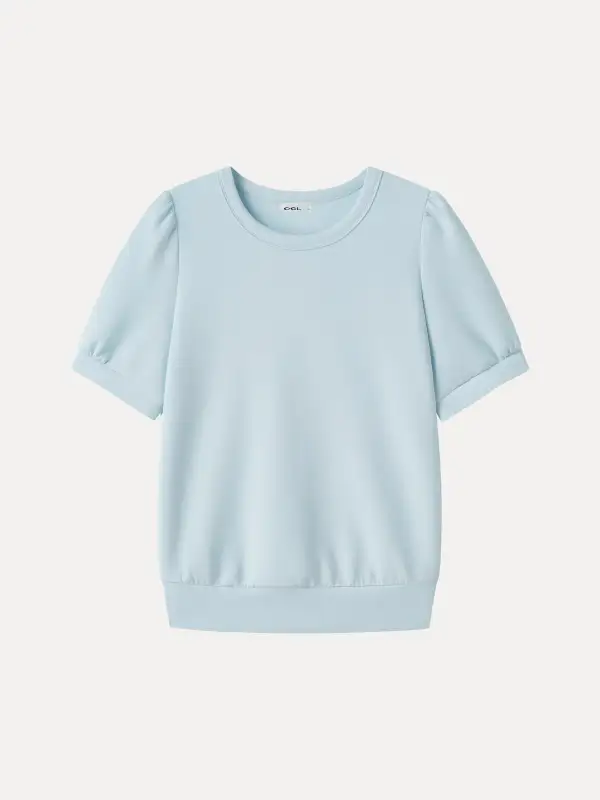 Lyocell Spacer Round Neck Puffed Short Sleeve Banded Hem Top