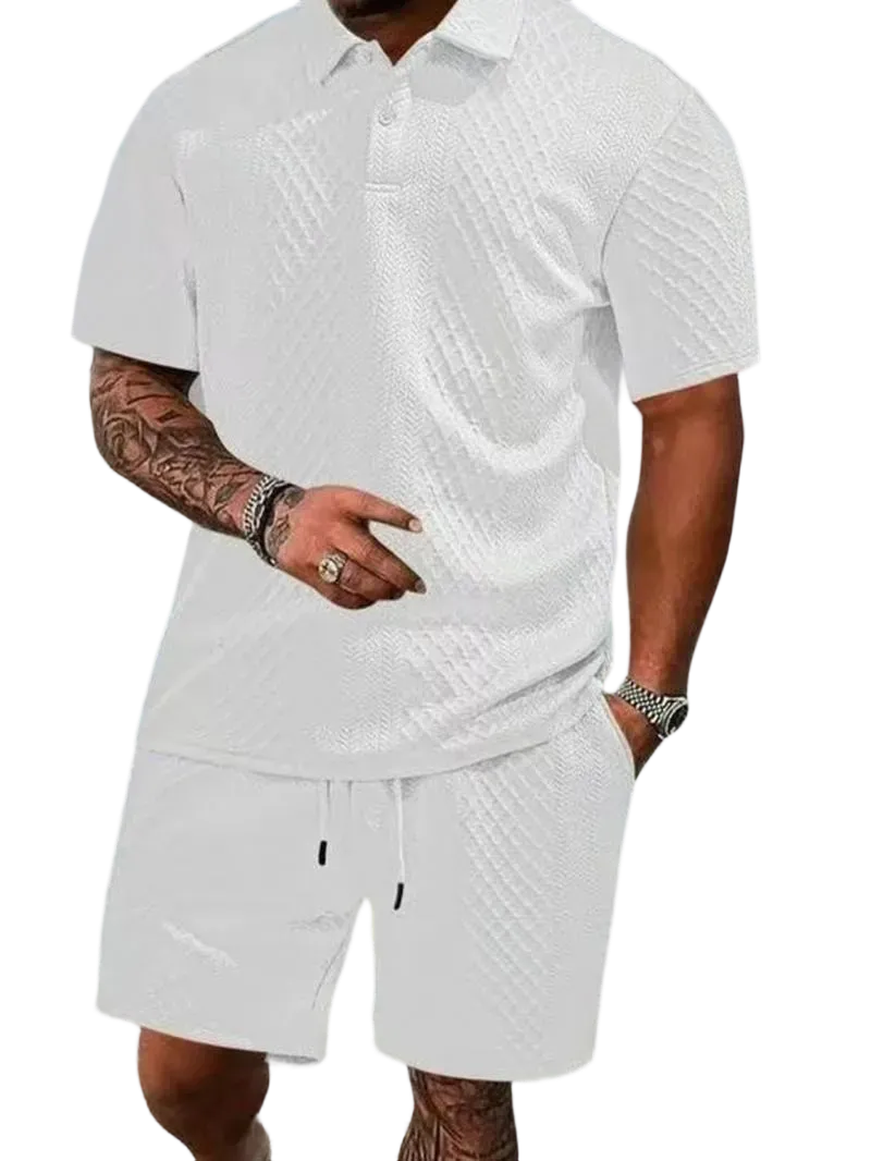 Men's Summer Casual Textured Polo Shirt and Shorts Two-Piece Set