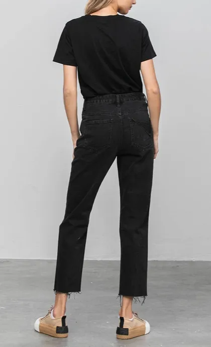 High Rise Ripped Crop Raw Hem Straight Jeans