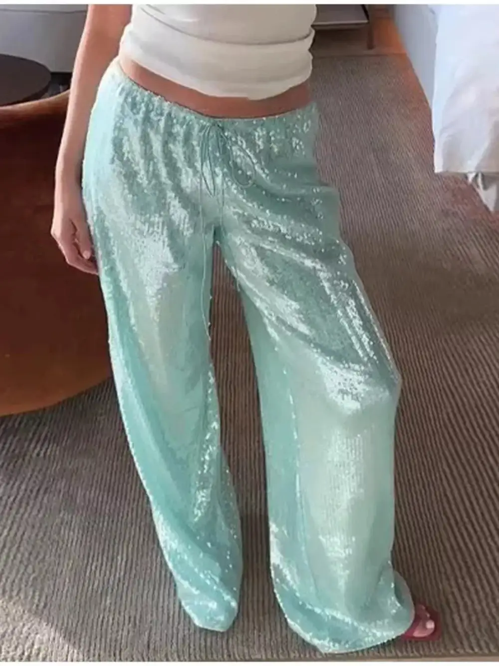 Wide Leg Sequin Drawstring Pocketed Pants