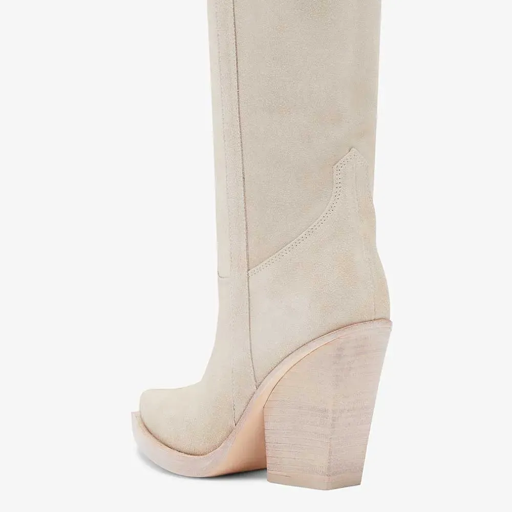 Faux-Suede Pull-On Pointed-Toe Chunky-Heel Knee-Length Western Boots