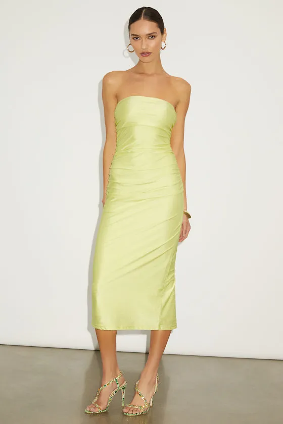 Gorgeous Reputation Copper Brown Strapless Ruched Midi Dress