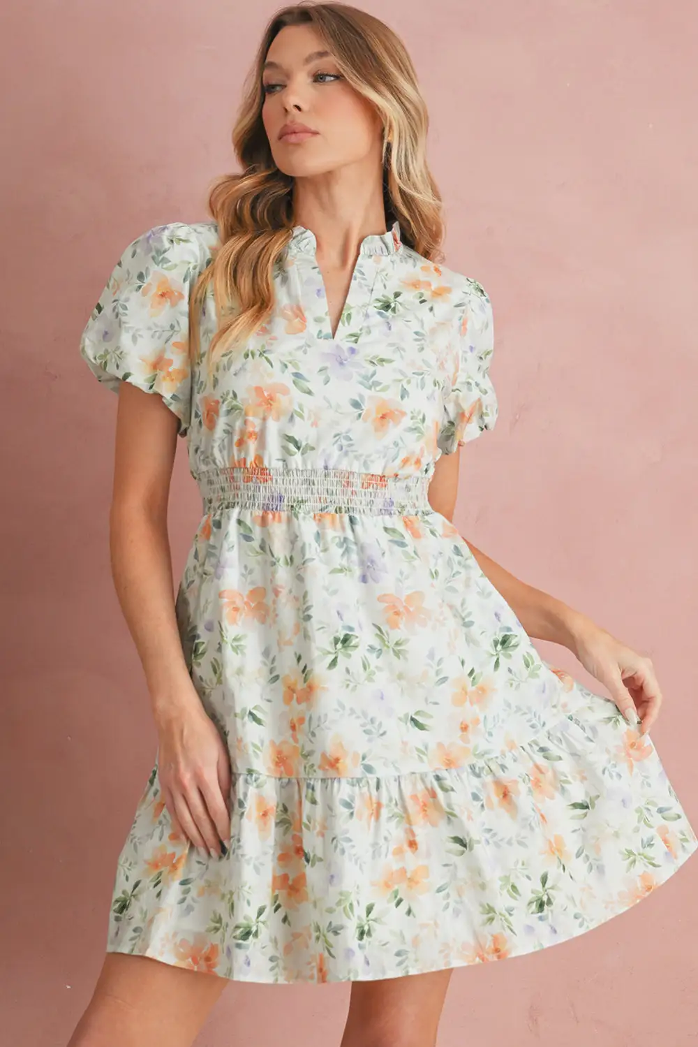 Clean Line Floral Printed Smocked Mini Dress