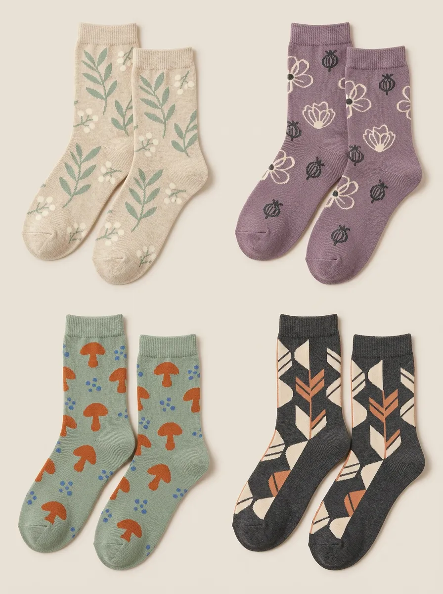 Women's Botanical Geometric Ribbed Crew Socks Four Pair Set