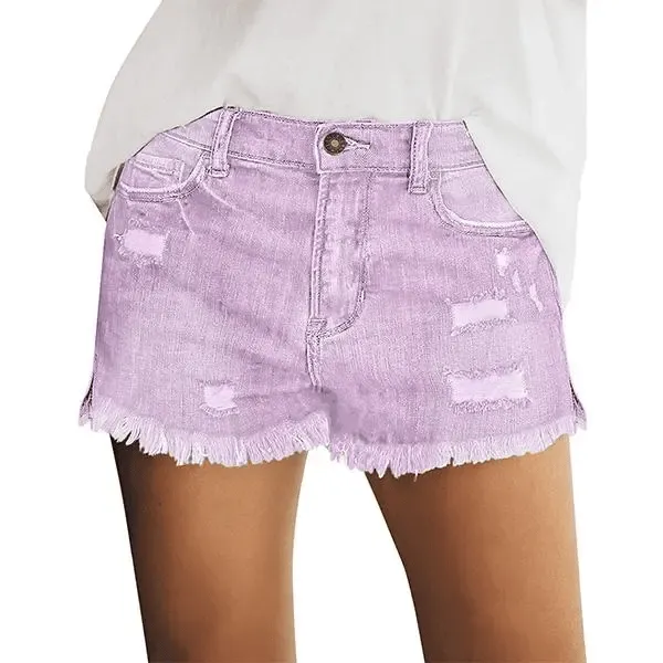 Women's Casual Mid Rise Denim Shorts Stretch Ripped Raw Hem Jean Shorts