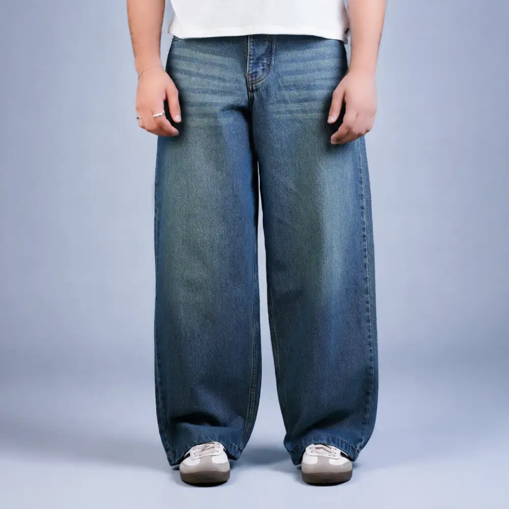 Men's Whiskered Baggy Stretch Denim Jeans