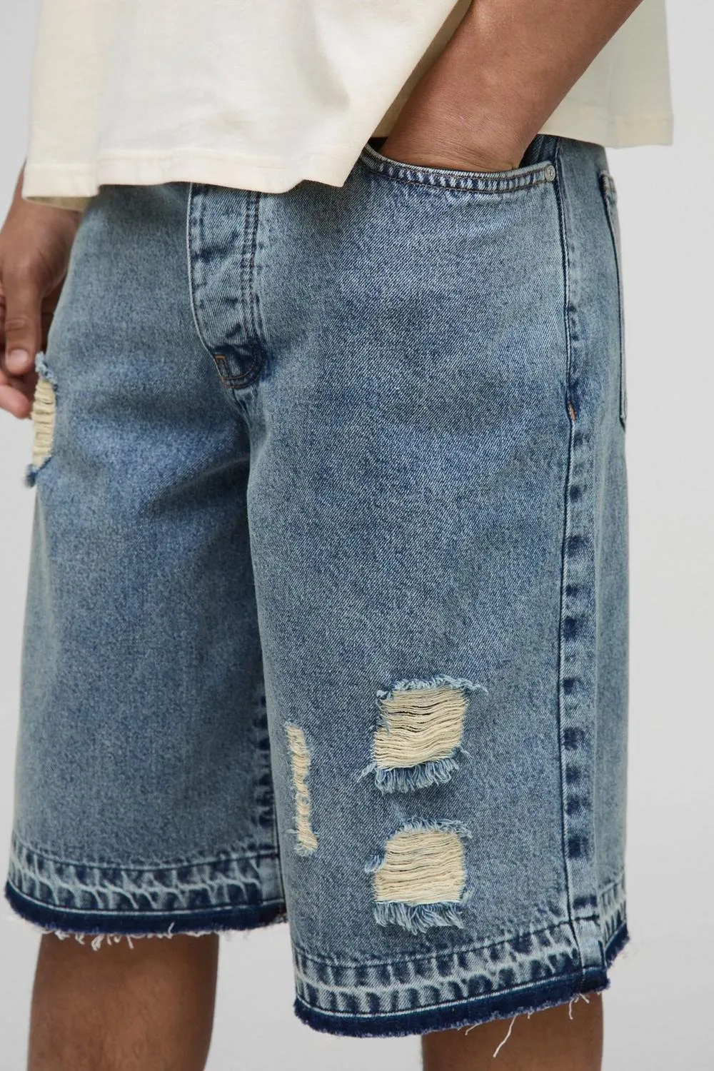 Light Blue Medium Stretch Washed Ripped Denim Jorts Daily