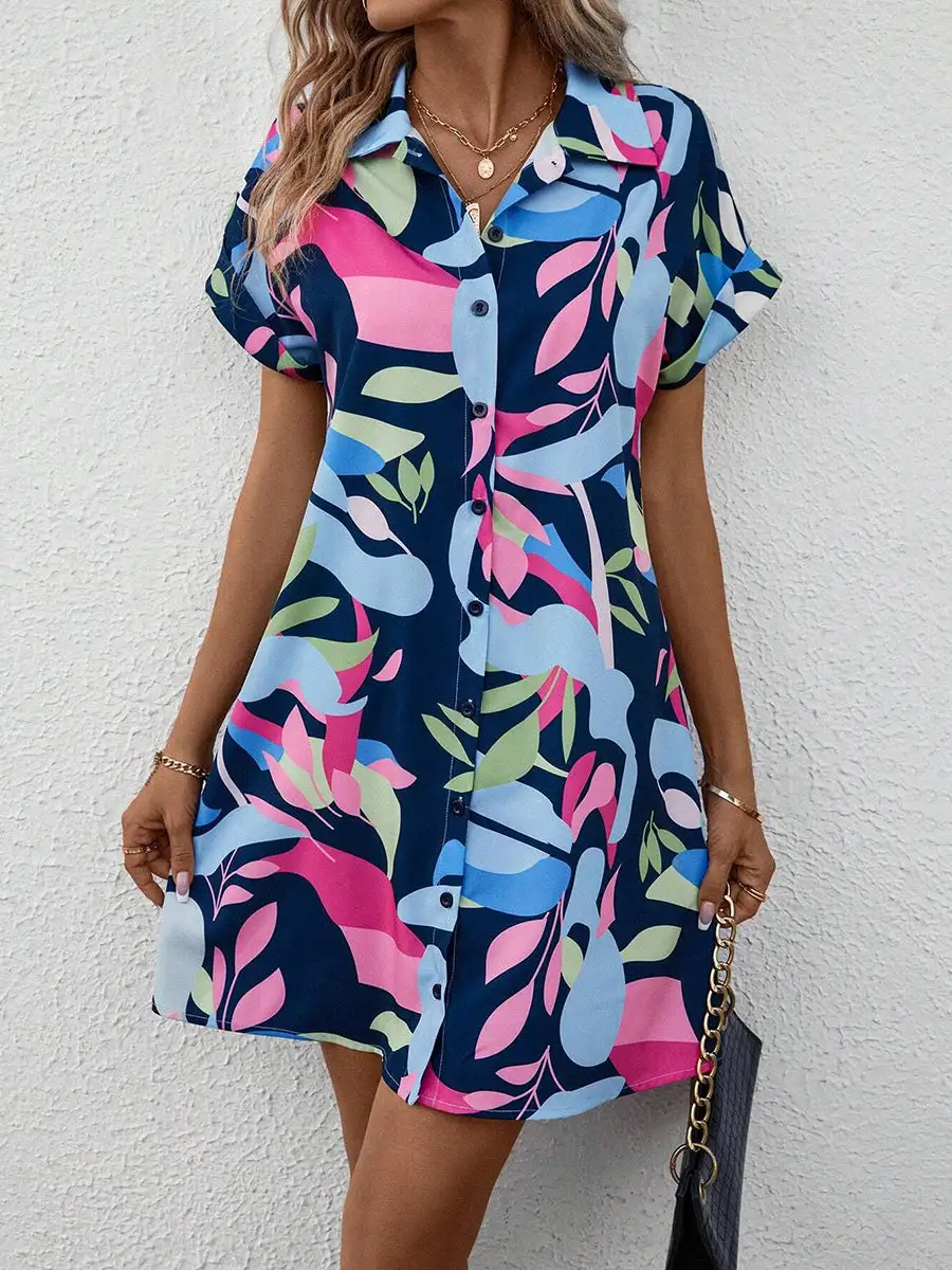 Short Sleeve Buttoned Contrast Color Printed Lapel Mini Dress Shirt Dress