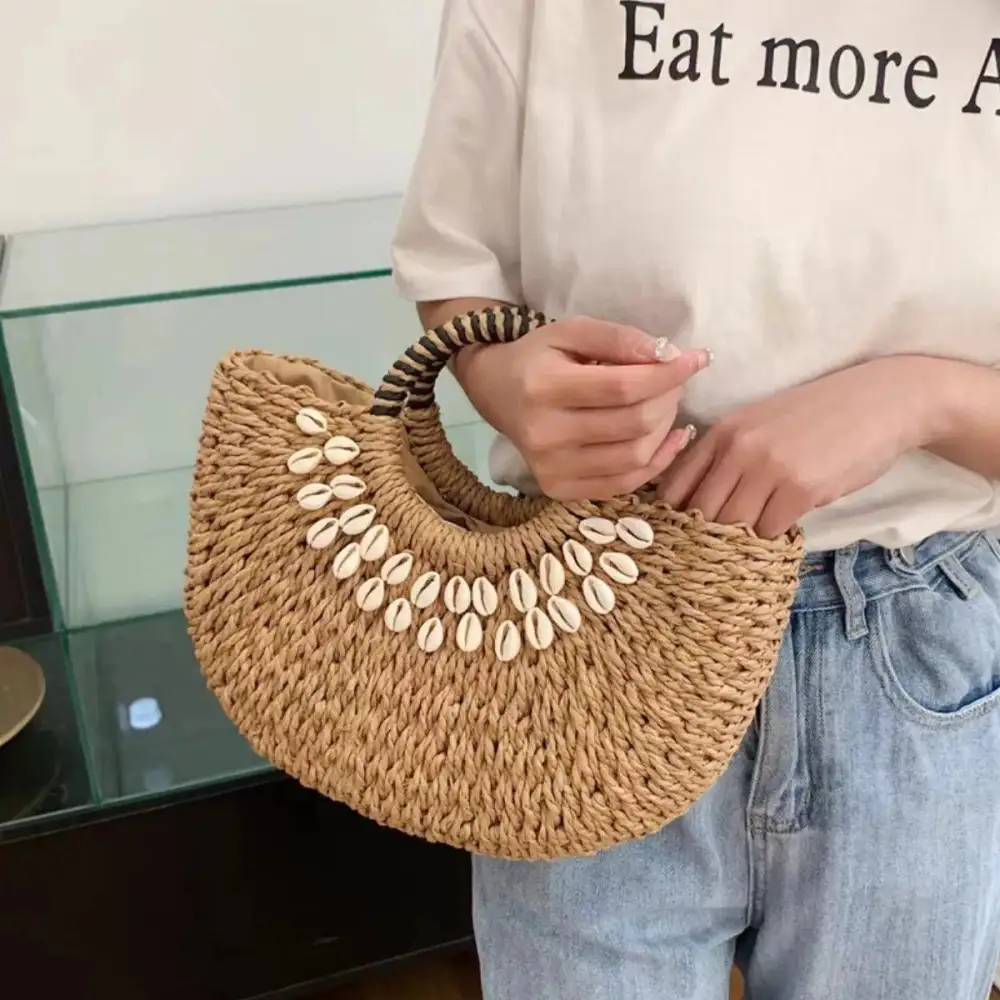 Seashell-Embellished Woven Straw Handbag