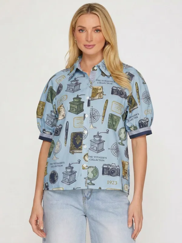 Women's Vintage Traveler Theme Camera Globe Printed Shirt
