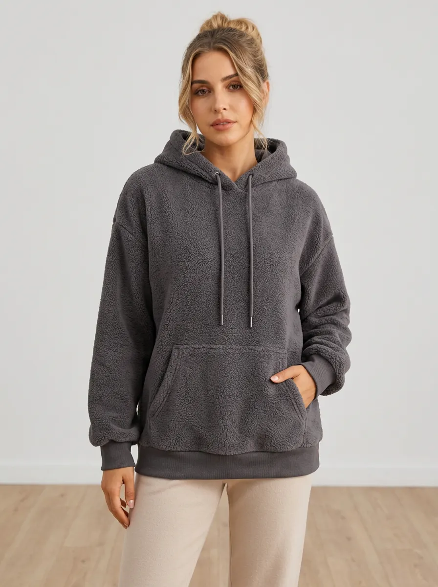 Women's Casual Winter Cozy Charcoal Sherpa Fleece Hoodie