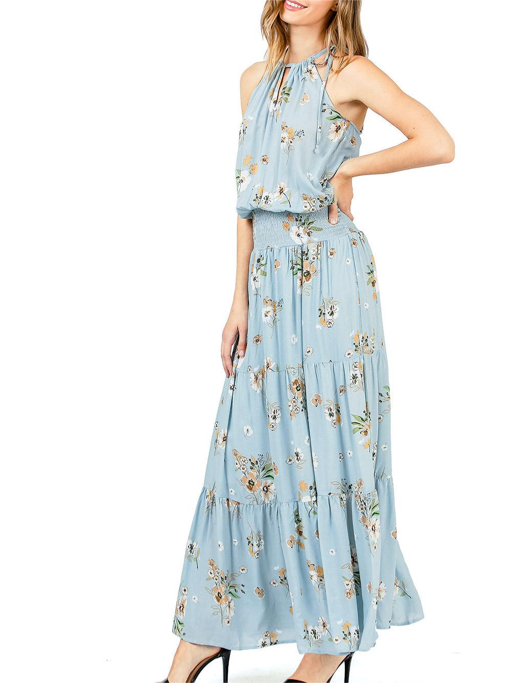 Light Blue Floral Halter Maxi Dress