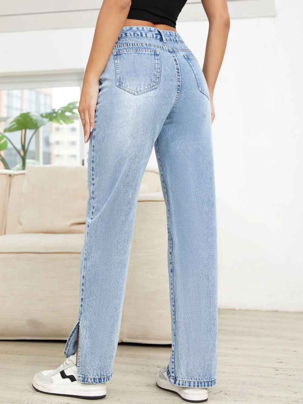 Straight Leg Distressed Slit Denim Jeans