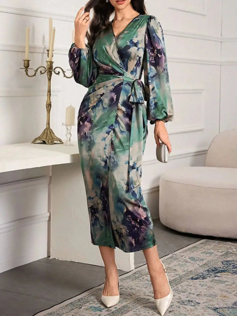 Printed Tie Waist Dress Casual