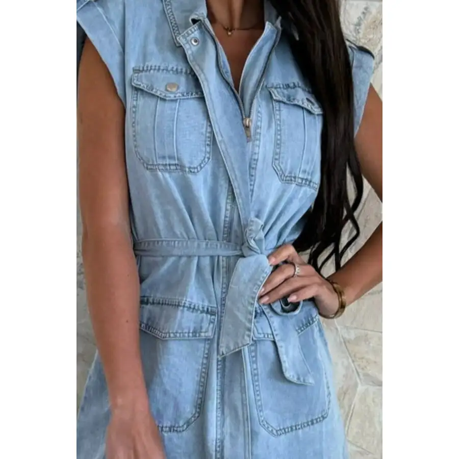 Casual Tie Waist Denim Mini Dress