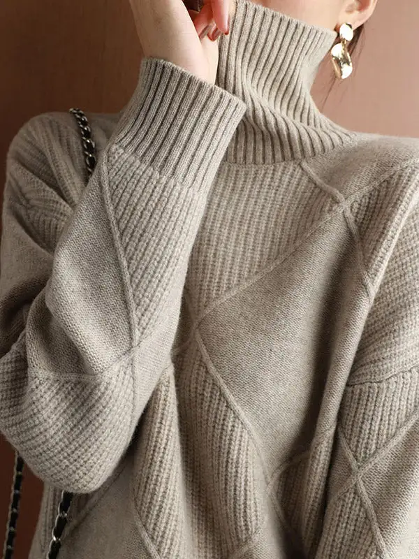 Casual Striped High Neck Long Sleeve Relaxed Fit Sweater