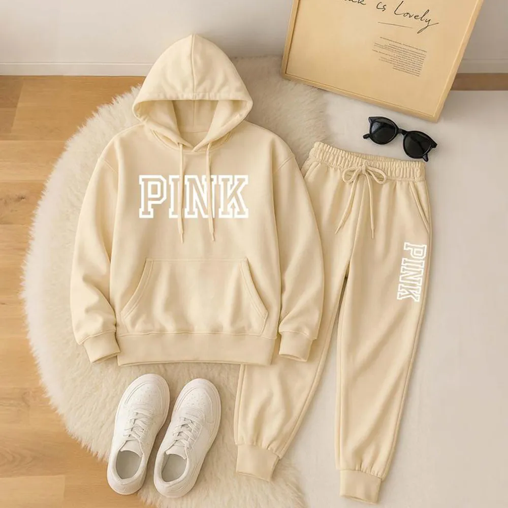 Women's Pink Print Hoodie And Drawstring Track Pants Set