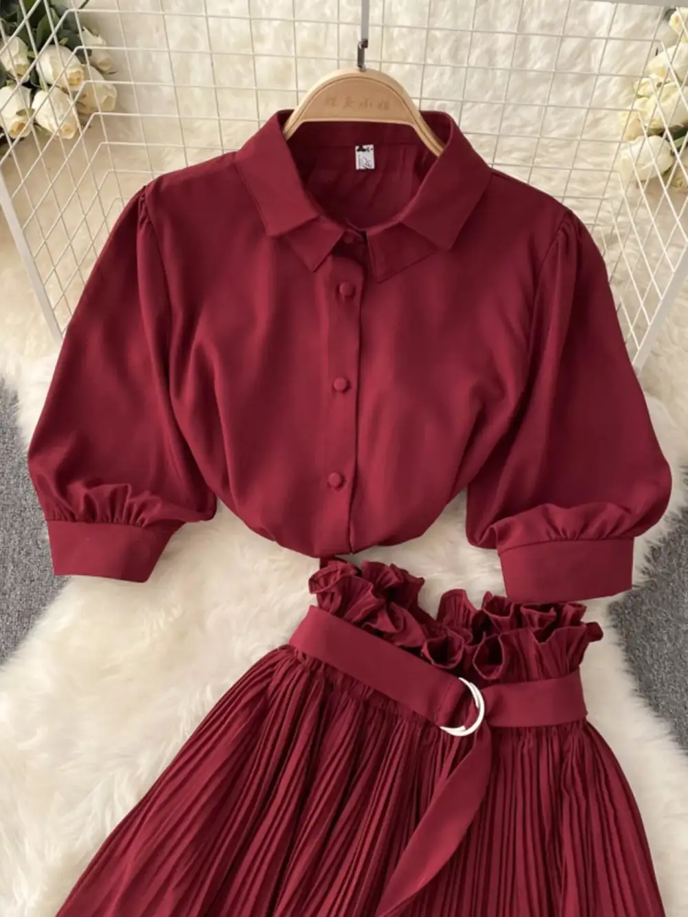 Puff Sleeve Pleated Coordinated Set