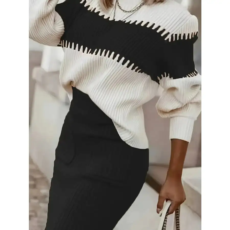 Two Tone Ribbed Knit Top and Skirt Sweater Set