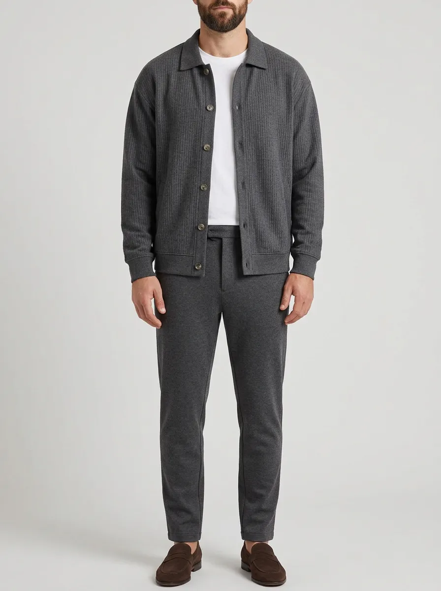 Men's Modern Textured Minimal Polo Collar Jacket and Jogger Pants Set