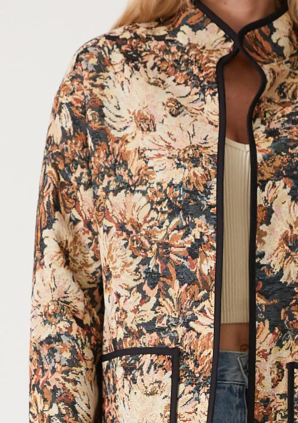 Pocketed Floral Open Front Jacket