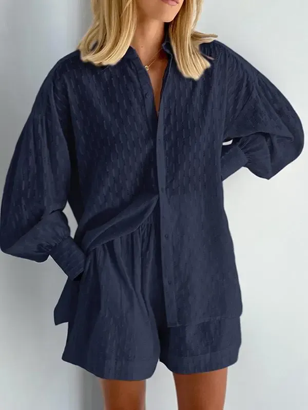 Jacquard Puff Sleeve Top Shorts Commuting Casual Suit