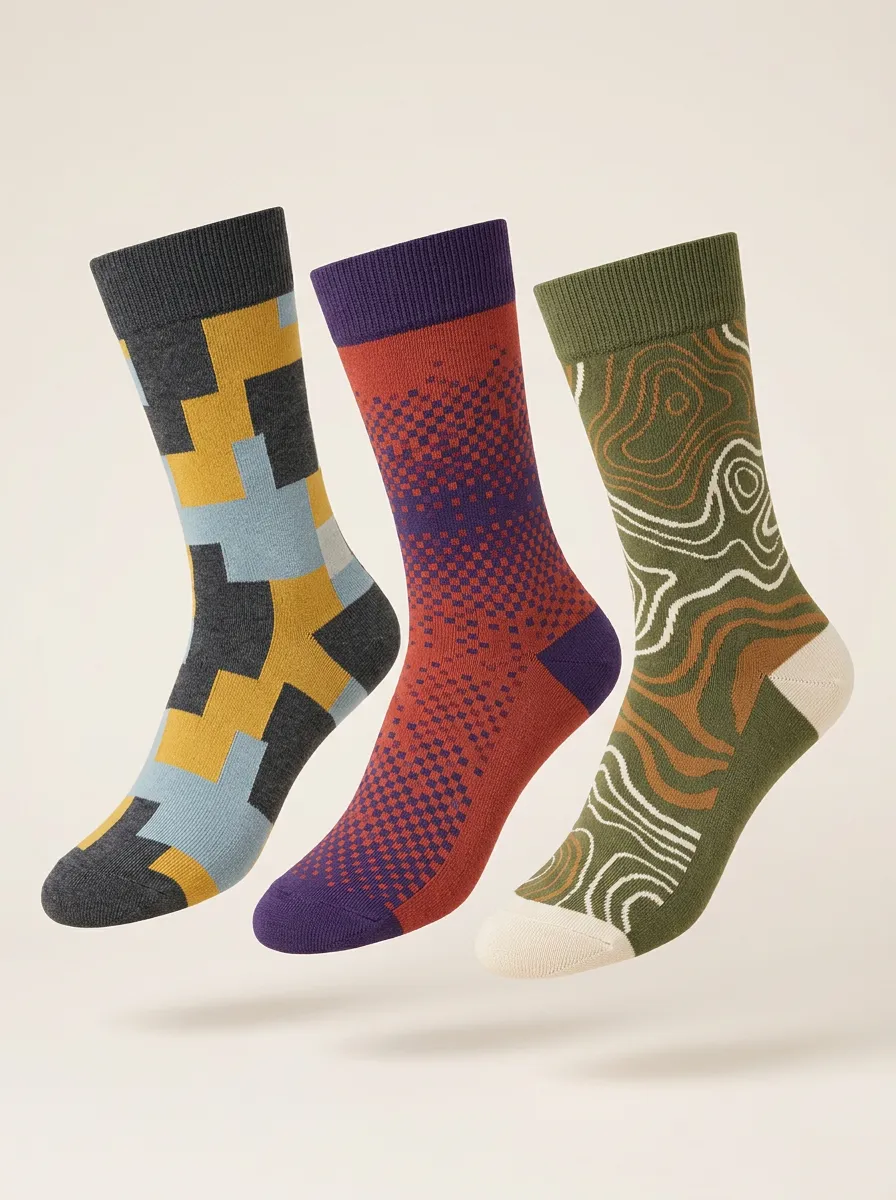 Men's Geometric Abstract Topographic Print Set Pairs Unique 3-Pack Socks