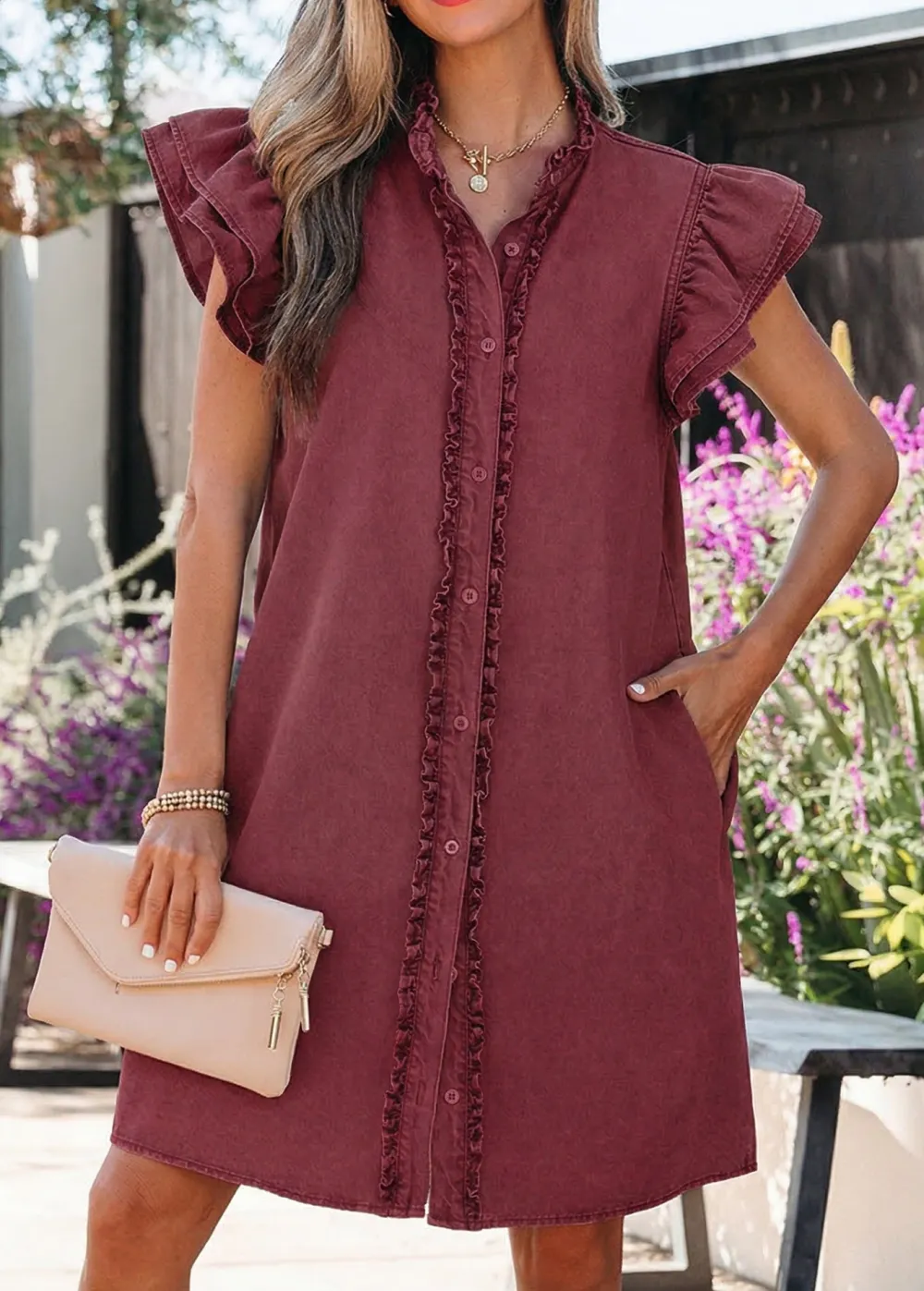 Sandalwood Frilled Detail Button Down Ruffle Short Sleeve Denim Mini Dress