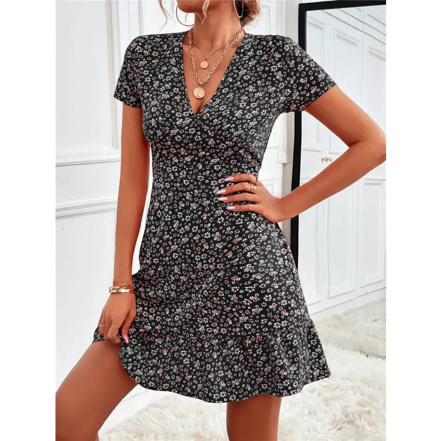 Ruffled Hem V-Neck Short Sleeve Mini Dress