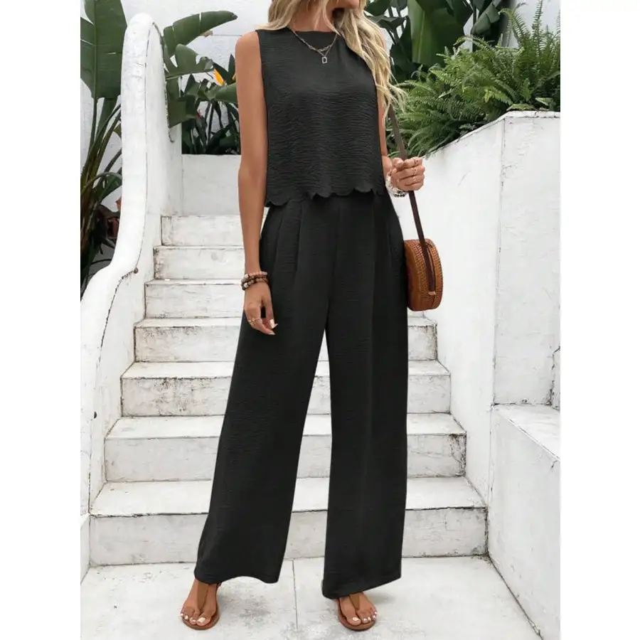 Tie Back Round Neck Top and Pants Set