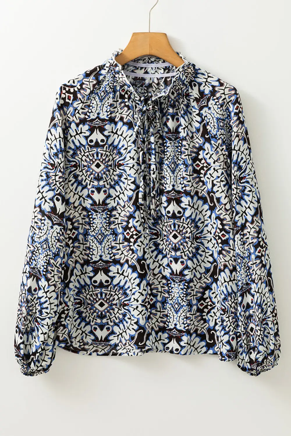 Blue Tribal Print Lace-Up Frilled Neck Puff Sleeve Blouse