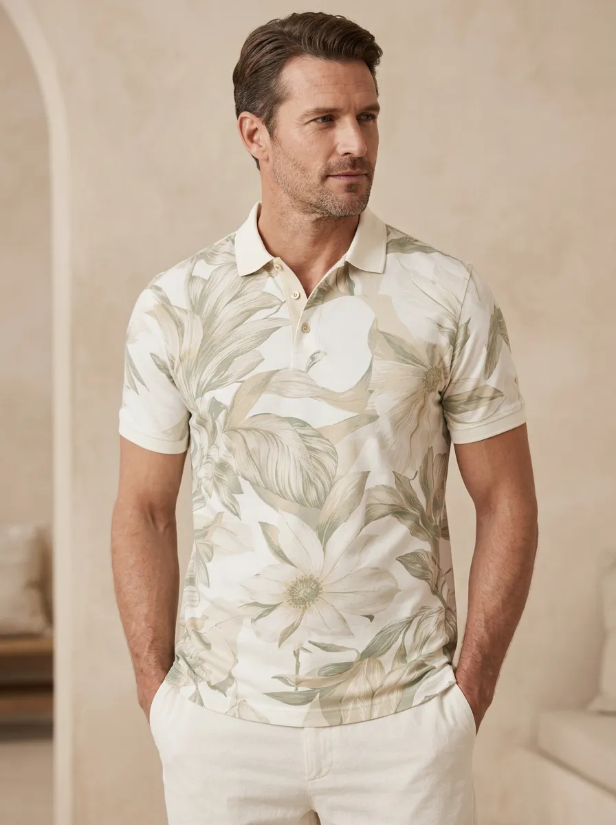 Men's Tropical Summer Floral Botanical Printed Polo Shirt