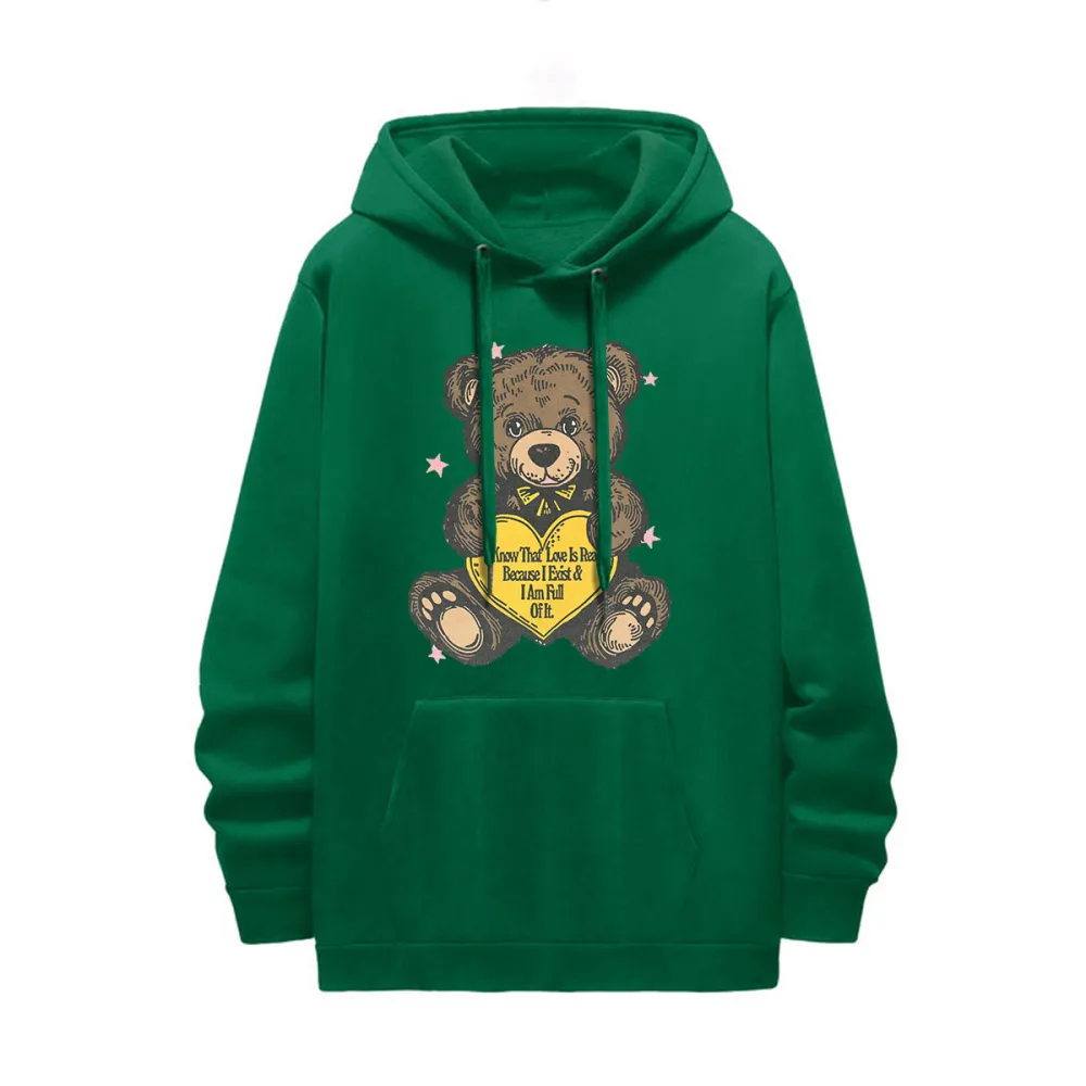Teddy Bear Graphic Black Hoodie with Heart Element