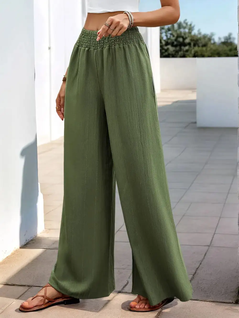 Relaxed Smocked Wide Leg Pants