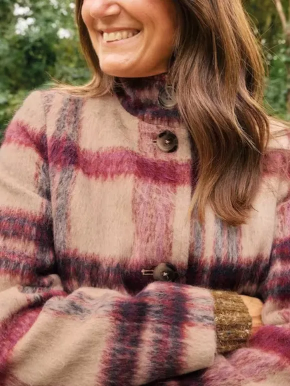 Check Coat In Pink Multi