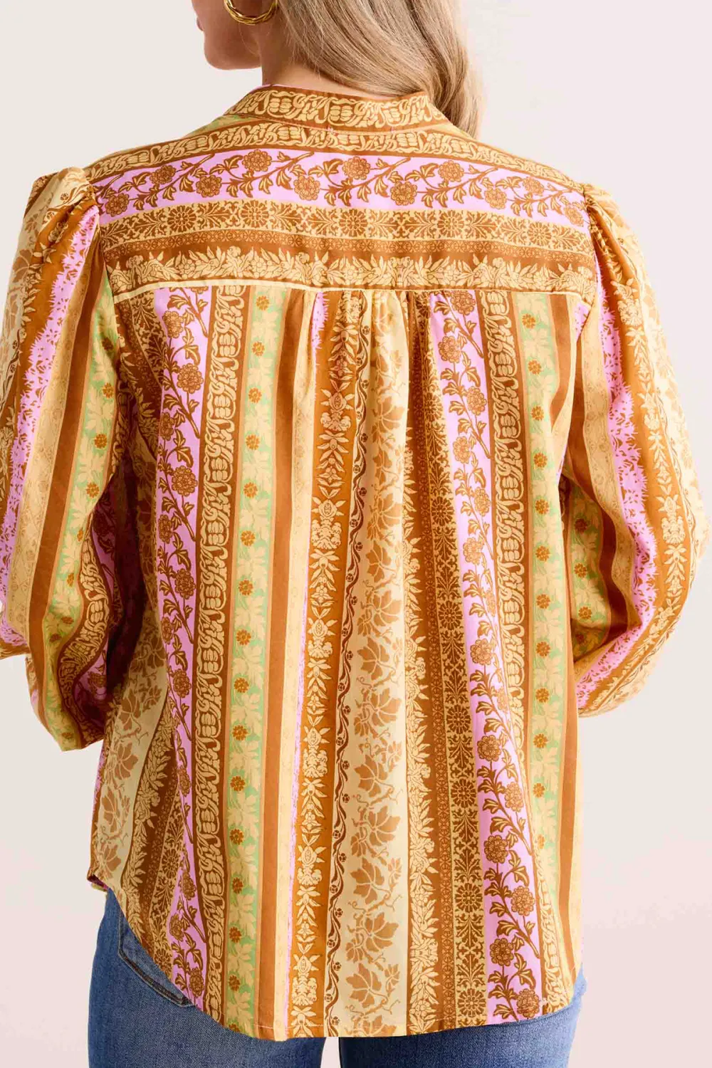 Golden Pattern Balloon Sleeve Button-Front Blouse