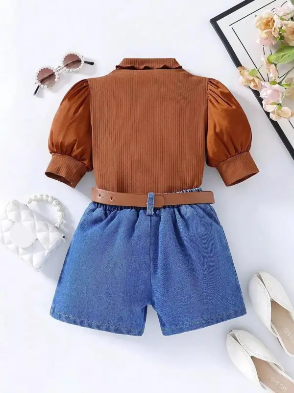 Children S Puff Sleeve Top and Denim Shorts Set