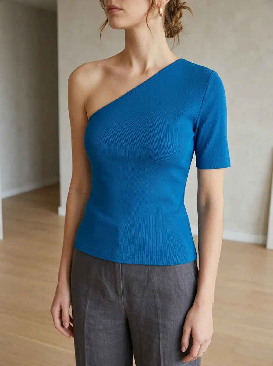 Women's Blue Ribbed One-Shoulder Short Sleeve Top