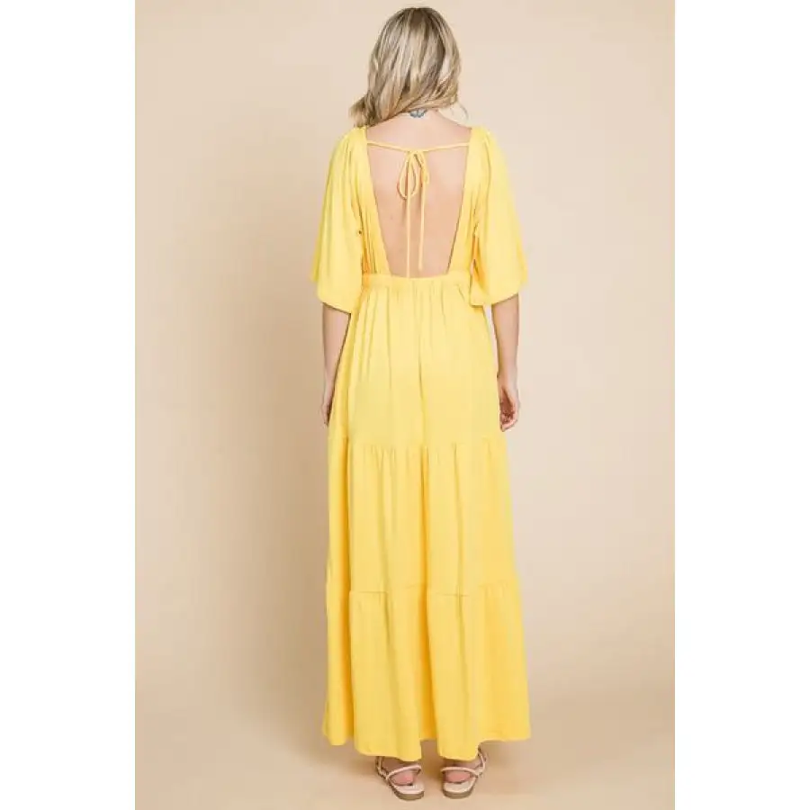Backless Plunge Half Sleeve Tiered Dress
