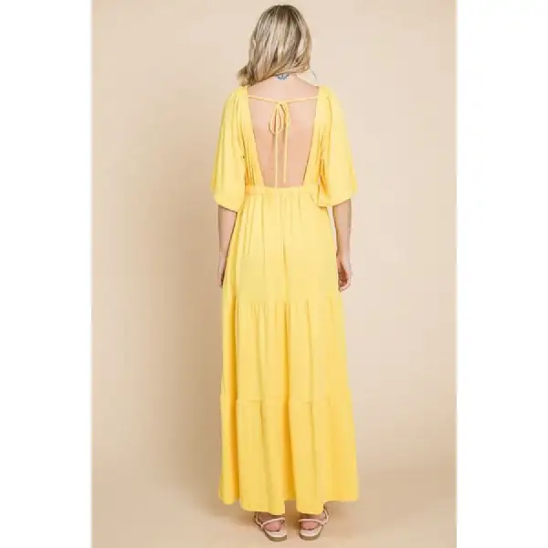 Backless Plunge Half Sleeve Tiered Dress