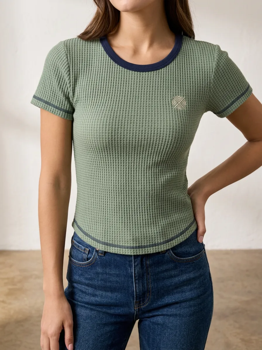 Women's Sage Green Waffle Knit Geometric Logo Printed Top