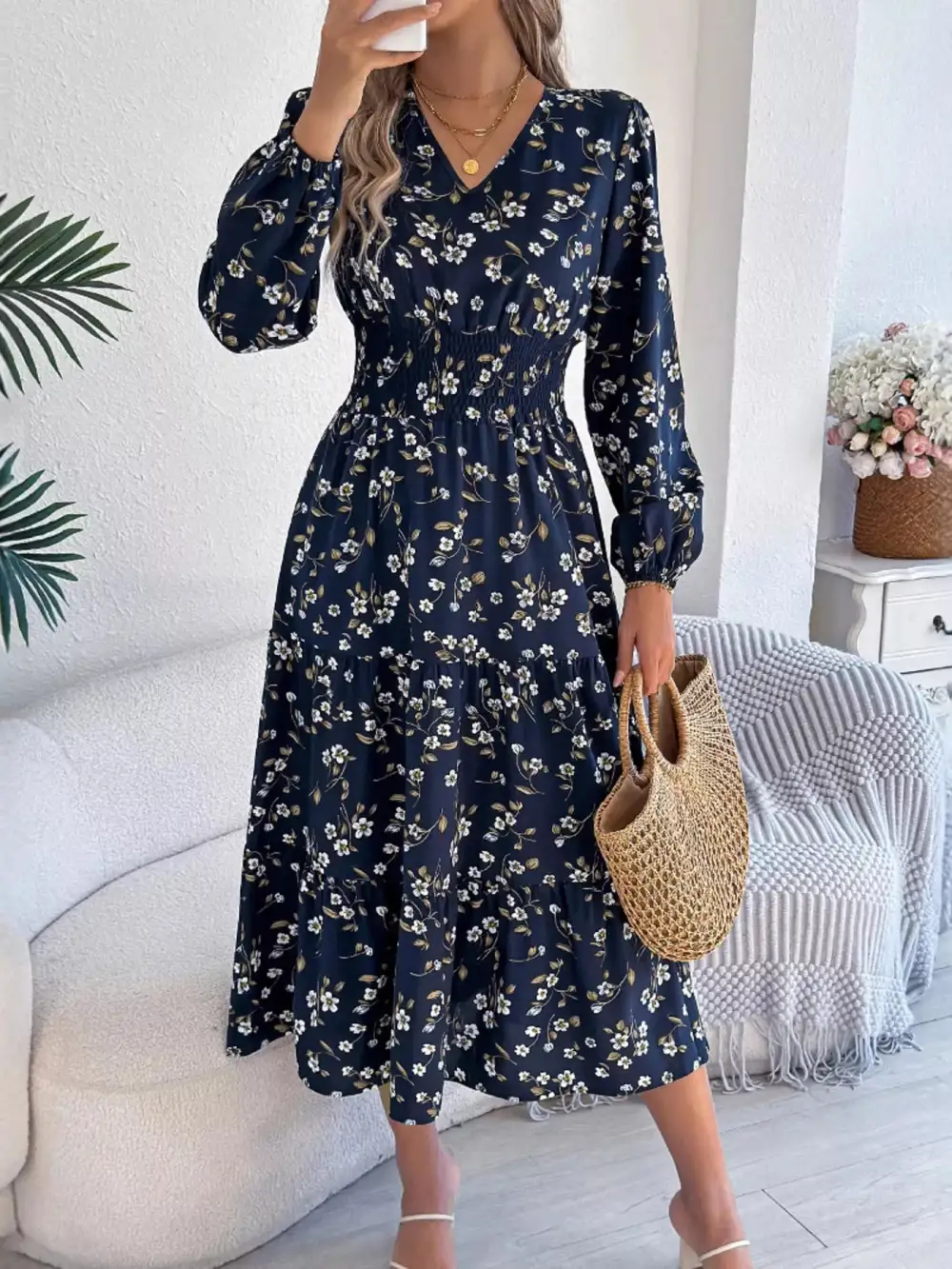 Structured Shape Floral Printed V Neck Midi Dress