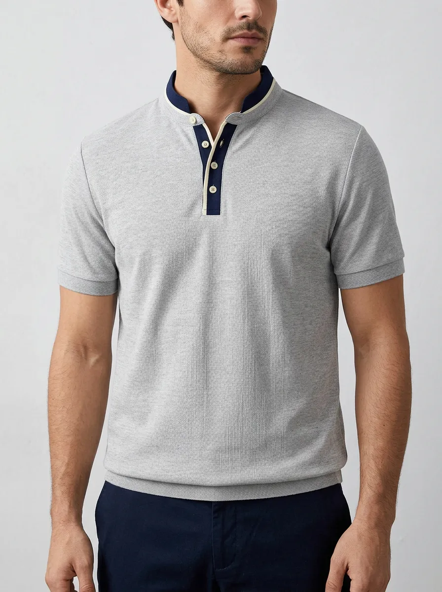Men's Gray Contrast Button Placket Polo Shirt